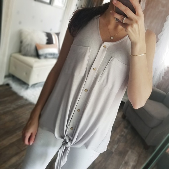 Summer Silver Gray Slinky Pocket Tank Button Top Sleeveless Henley Top - Picture 3 of 8